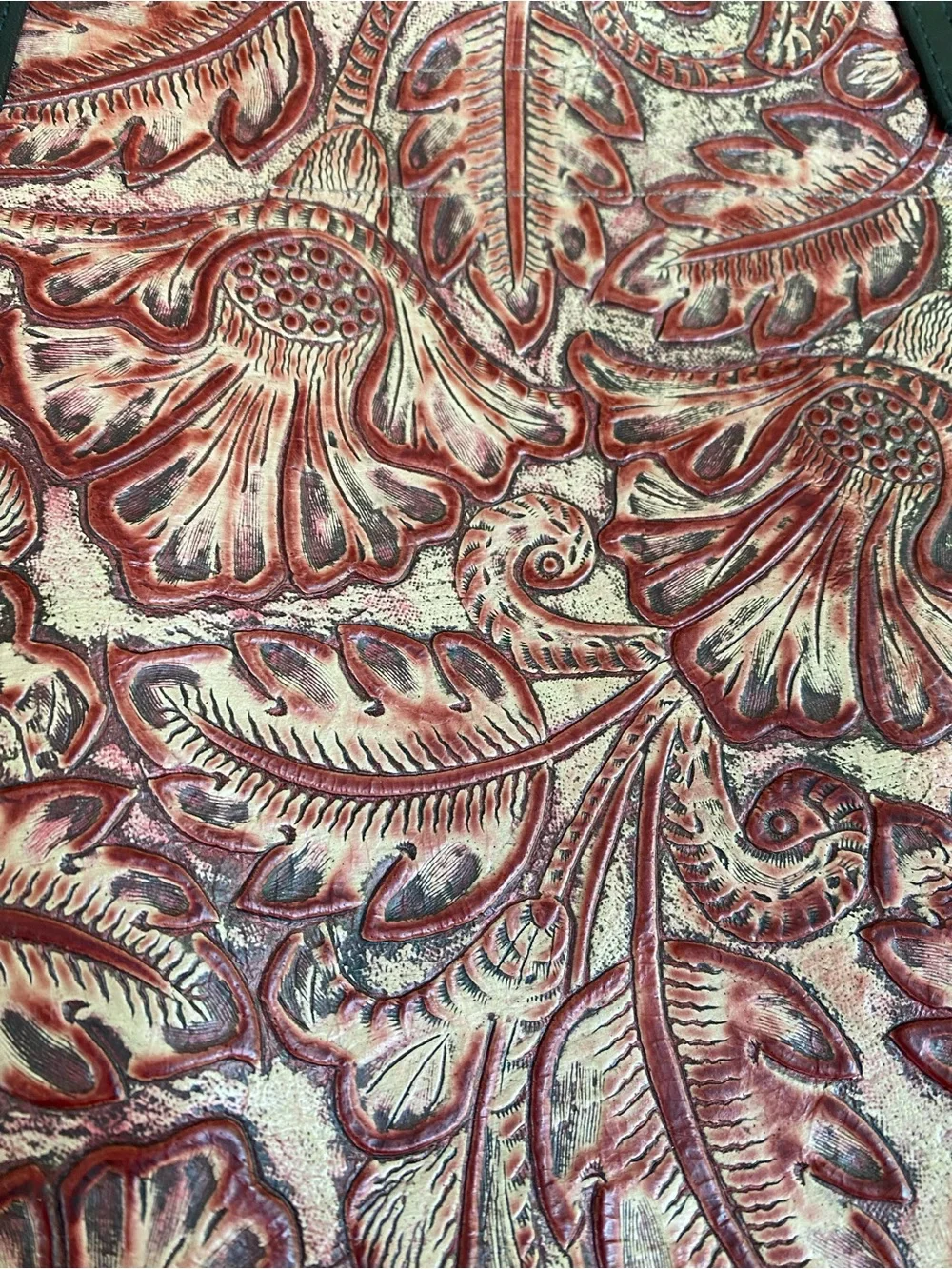 B May Western Floral Embossed Tooled Leather Tote Bag Maroon Oxblood Boho Rustic
